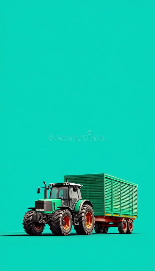 Modern Tractor with Produce Trailer on Solid Teal Background stock photo