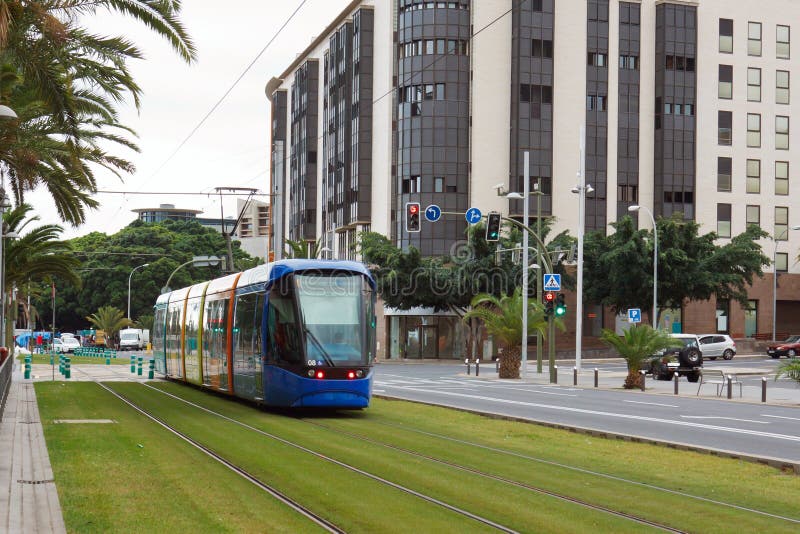 Modern trams in the streets stock photos