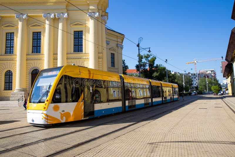 Modern tramway on the Market Street in Debrecen city, Hungary