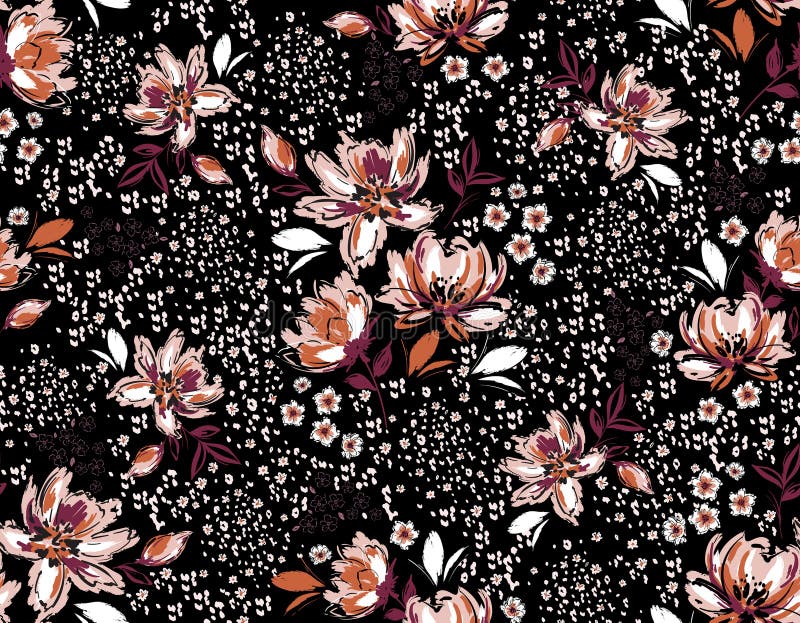 Modern and Trendy Hand drawn blooming flower with Leopard animal skin Seamless pattern