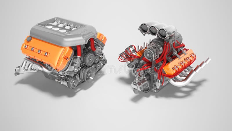 Modern turbomotor och superladdarmotor 3d återger i grå bakgrund med skugga stock illustrationer