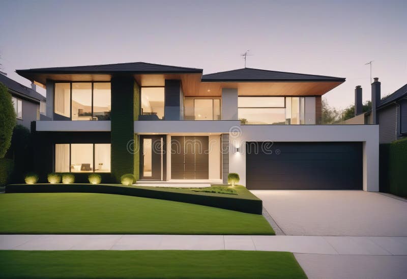 A modern, two-story house with a sleek vector illustration