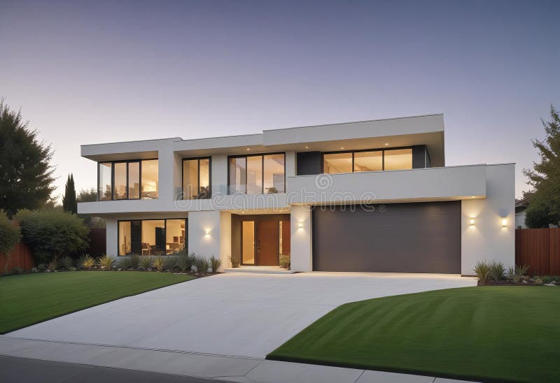 A modern, two-story house with a sleek royalty free illustration
