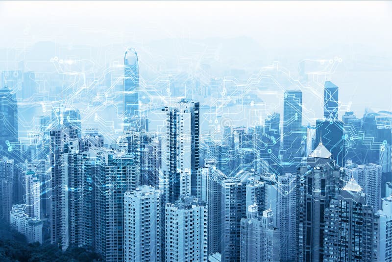 Modern urban skyline. Global communications and networking. Cyberspace in big city. High-speed data and internet connection royalty free stock image Modern urban skyline. Global communications and networking. Cyberspace in big city. High-speed data and internet connection royalty free stock image