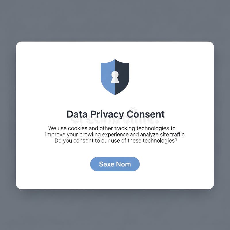 A clean and modern data privacy consent interface. The design features a shield icon, clear text explaining the use of cookies and tracking technologies, and a prominent button for user consent. This image represents the importance of transparency and user control in data privacy. User consent illustrations