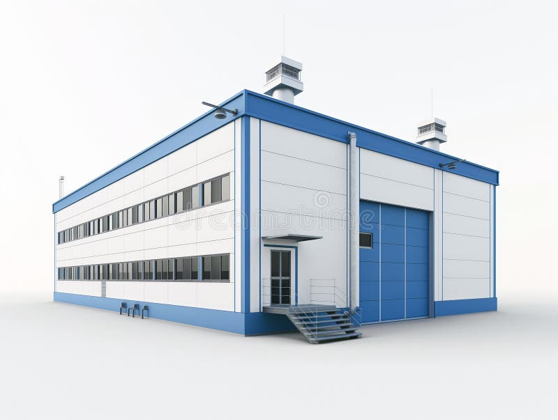 An isolated view of a modern industrial warehouse with blue and white facade. AI generated. An isolated view of a modern industrial warehouse with blue and white facade. AI generated