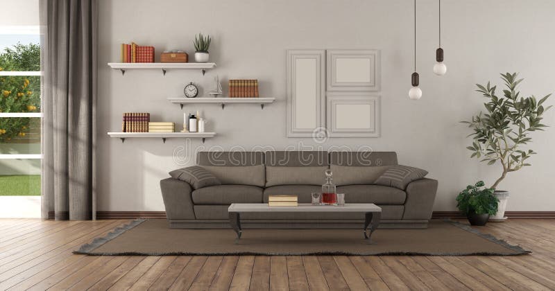 Modern vardagsrum med den bruna soffan och hylla på väggen royaltyfri illustrationer