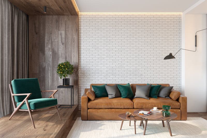 Modern vardagsruminre med den tomma väggen för tegelstenvägg, soffan, vardagsrumstol, tabellen, träväggen och golvet