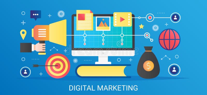 Modern vector flat gradient Digital marketing concept template banner with icons and text. royalty free illustration Modern vector flat gradient Digital marketing concept template banner with icons and text. royalty free illustration