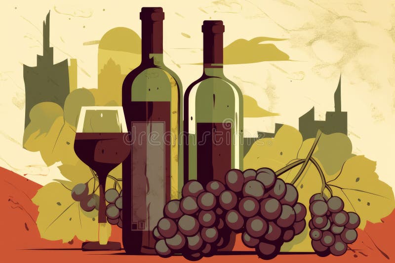 Modern Vector Graphic Representation of Wine Bottle and Glasses