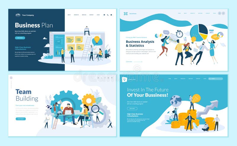 Set of web page design templates for business plan, analysis and statistics, team building, consulting royalty free illustration Set of web page design templates for business plan, analysis and statistics, team building, consulting royalty free illustration