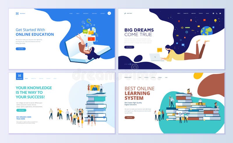 Set of web page design templates for online education, training and courses, learning, video tutorials vector illustration