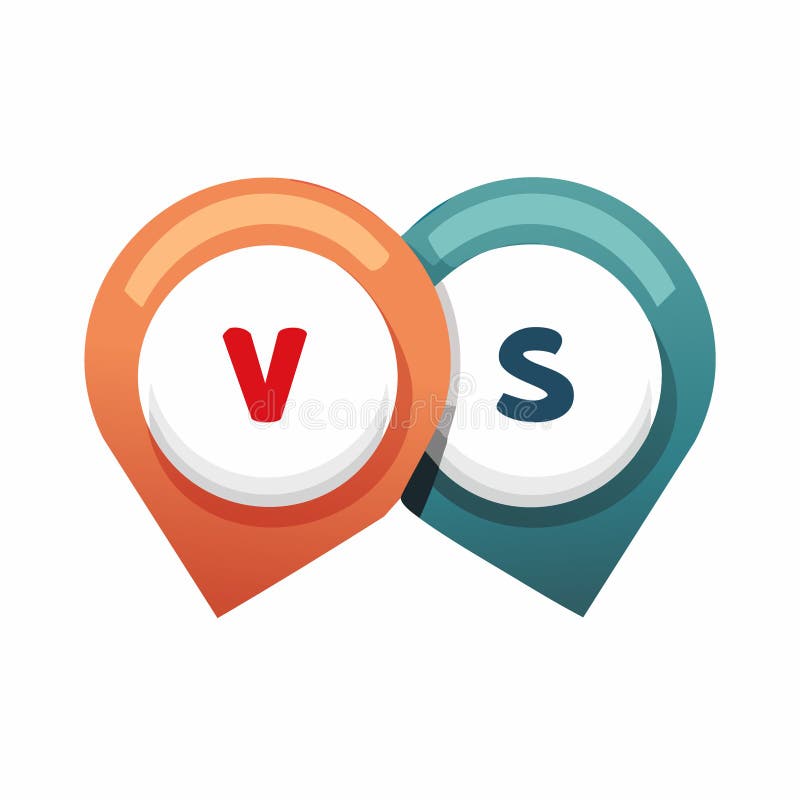 A modern vector illustration of a 'VS' or 'Versus' logo, creatively designed using two overlapping map pin icons. The orange location marker contains the letter 'V' and the teal marker contains the letter 'S'. This graphic symbolizes a competition, battle, or comparison between two different places, teams, or entities. Isolated on a white background, this versatile icon is perfect for sports events, game interfaces, business rivalries, debate announcements, and local showdown promotions. The flat design with subtle shadows makes it clean and impactful for various media. Logo comparison vectors
