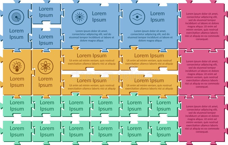 Modern vector infographic with many different color puzzles. Template for illustrating a variety of processes with inscriptions vector illustration Modern vector infographic with many different color puzzles. Template for illustrating a variety of processes with inscriptions vector illustration