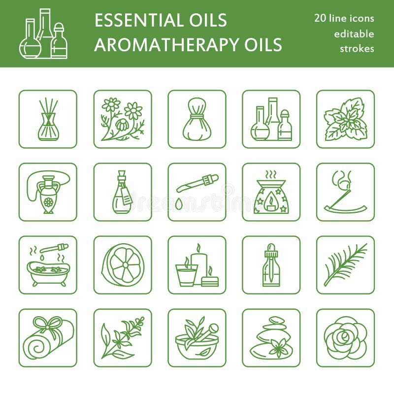 Modern vector line icons of aromatherapy and essential oils. Elements - aromatherapy diffuser, oil burner, spa candles, incense sticks. Linear pictogram with editable strokes for aromatherapy salon. Pictogram oils vectors