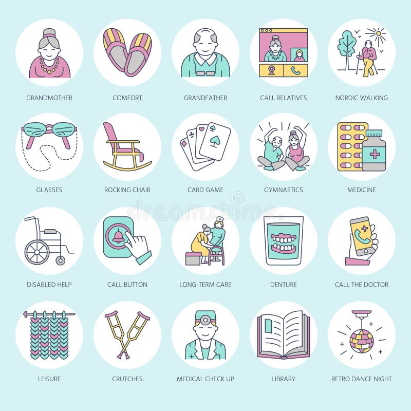 Modern vector line icon of senior and elderly care. Nursing home elements - old people, wheelchair, leisure, hospital call button, activities. Linear pictograms with editable stroke for site, brochure. Modern vector line icon of senior and elderly care. Nursing home elements - old people, wheelchair, leisure, hospital call button, activities. Linear pictograms with editable stroke for site, brochure