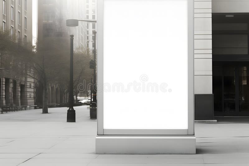 Modern vertical billboard with empty screen for commercial advertisement standing. Neural network stock photography.