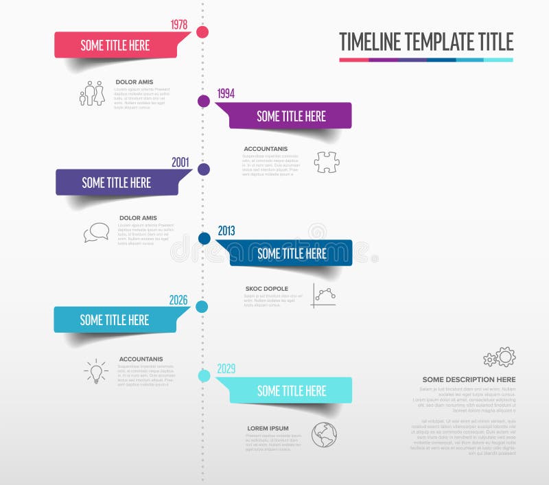 Vertical timeline infographic template with colorful elements on a light background. This timeline infographic template is ideal for showcasing historical events or project milestones. History timeline vertical vectors