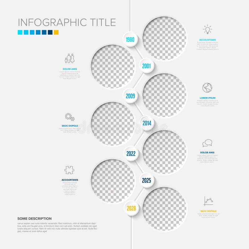 This vertical timeline infographic features a clean design with circular photo placeholders. This infographic layout includes a timeline with dates and customizable icons for business. History timeline vertical vectors