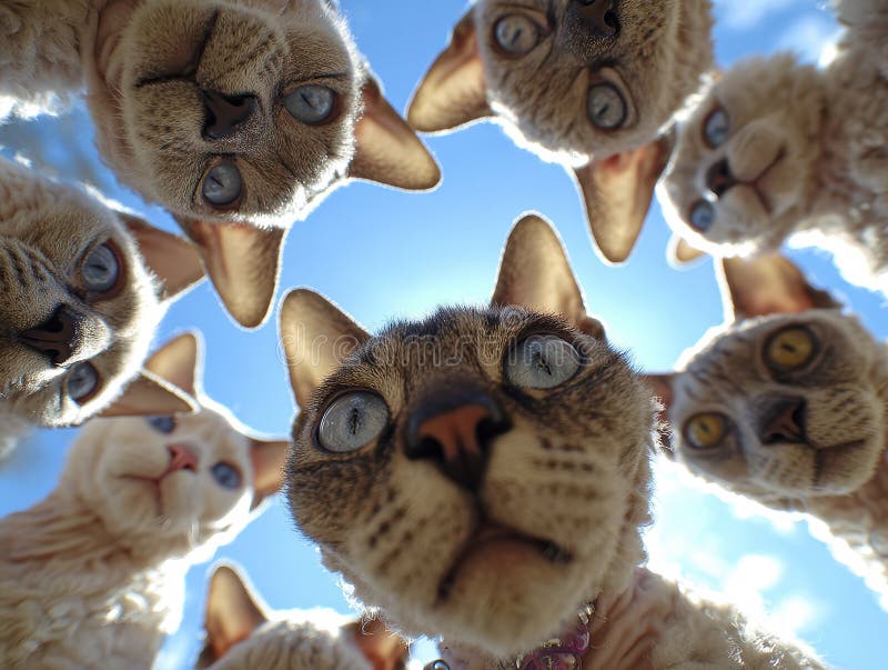 A modern, vibrant close-up of 20 Devon Rex cats looking directly at the camera against an out-of-focus sky backdrop, with varying stock photos