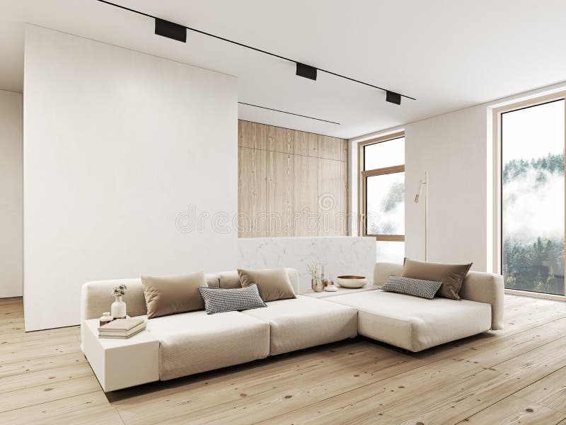 Modern vit minimalistisk inredning med golvpaneler av sofa-trä och marmor köksö. vektor illustrationer