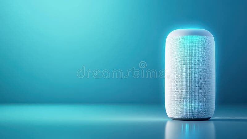 A modern voice assistant speaker in minimal studio setting
