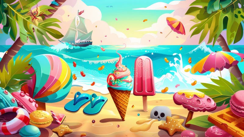 Modern voucher template with cartoon flip flops, popsicle and wafer cone ice cream and slippers. Modern coupon for sweet shop, cafe, beach, summer resort. AI generated