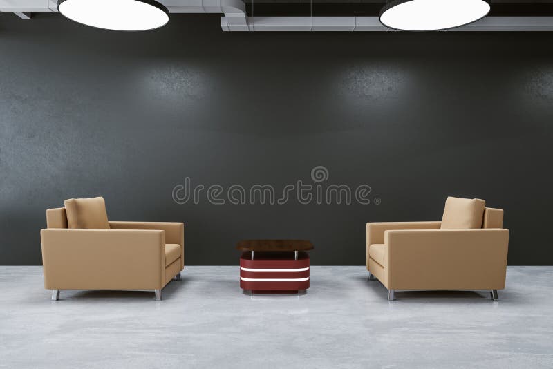 Modern Waiting Room with Two Chairs and Blank Gray Wall Stock