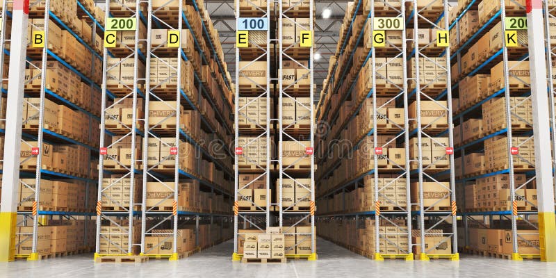 Modern warehouse full of cardboard boxes. 3d stock illustration