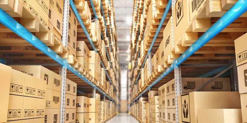 Modern warehouse full of cardboard boxes. stock illustration
