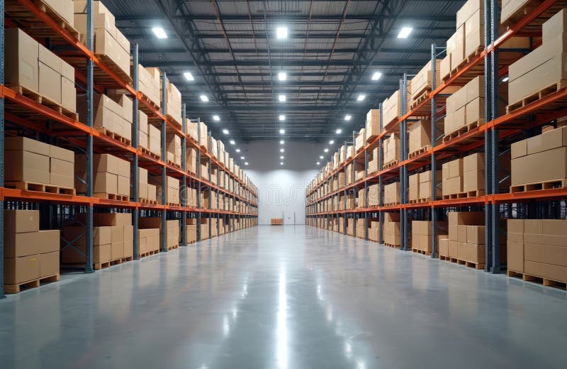 Modern warehouse interior with high ceilings, organized storage racks. Cardboard boxes, pallets, goods ready for shipment. stock illustration