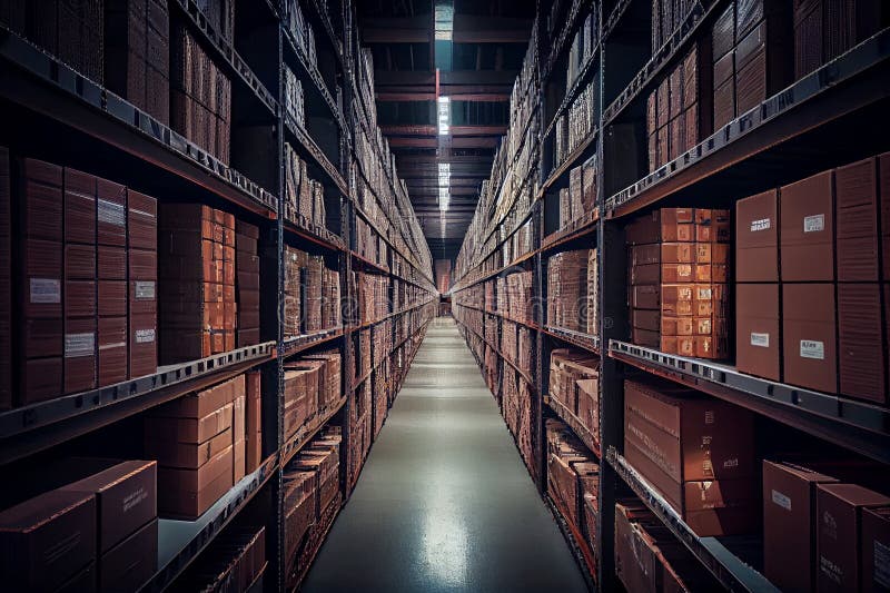 Modern Warehouse with Lots of Metal Shelves Where the Boxes are. AI