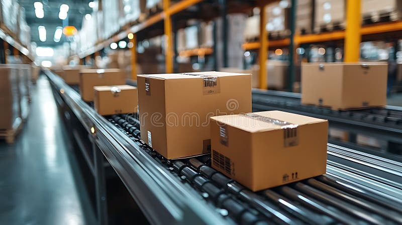 Modern warehouse with packages on conveyor belt showcasing efficient logistics and order fulfillment processes stock illustration