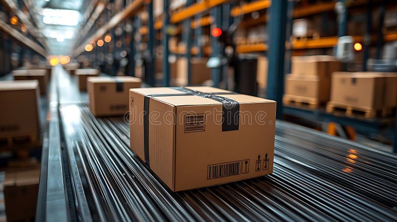 Modern warehouse with packaging solutions, showcasing conveyor belt transporting cardboard boxes. efficient layout highlights vector illustration