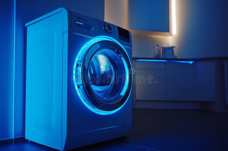 Modern washing machine with blue neon lights illuminating futuristic laundry room stock illustration