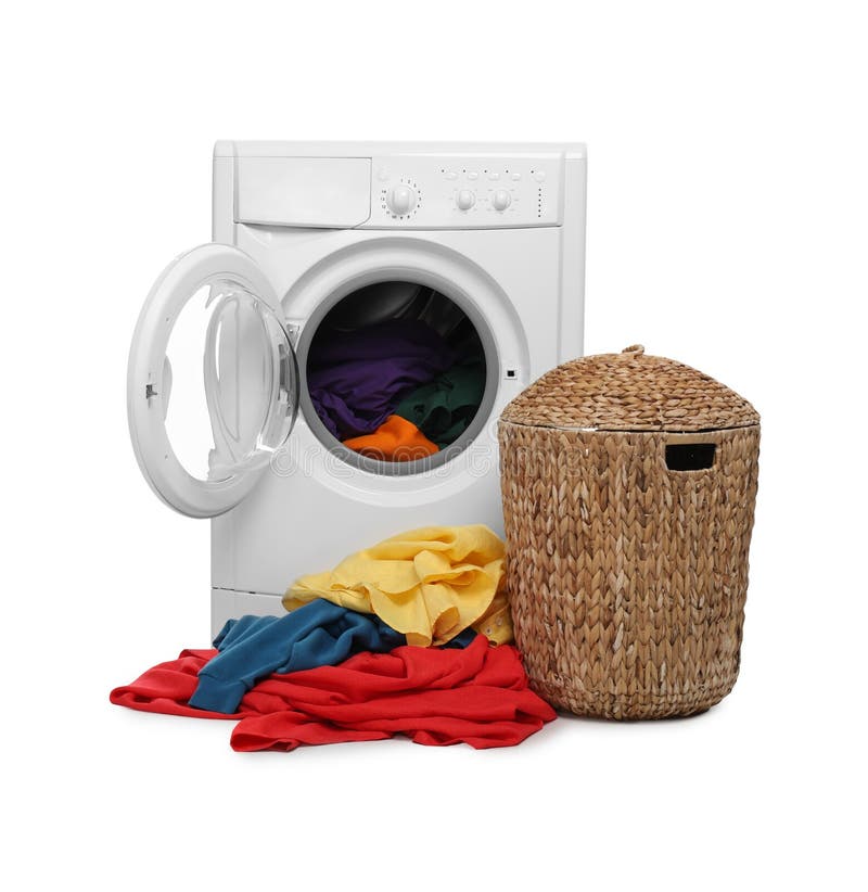 Modern washing machine and laundry basket isolated on white royalty free stock image
