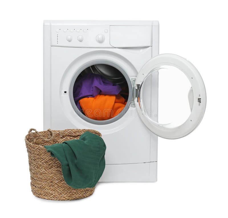 Modern washing machine and laundry basket isolated on white royalty free stock image