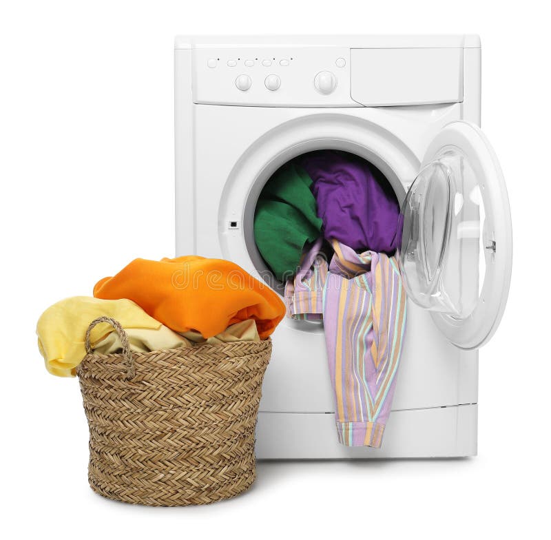 Modern washing machine and laundry basket isolated on white stock photo