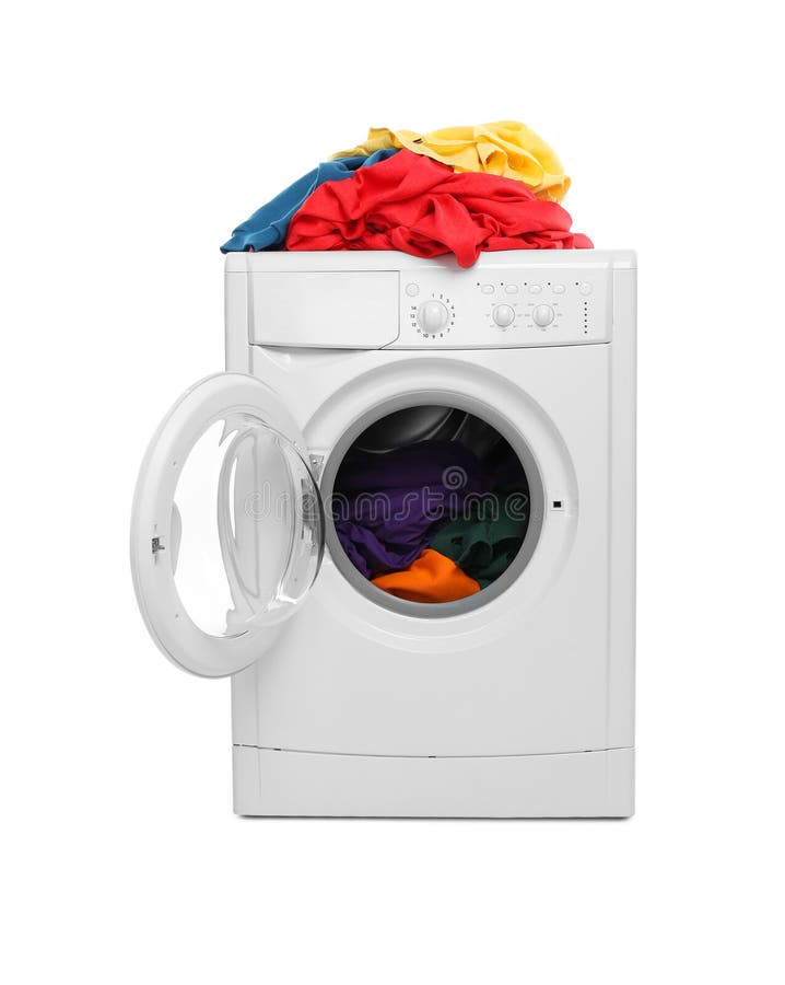 Modern washing machine with laundry isolated on white stock photos