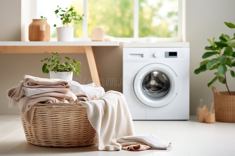 Modern washing machine in laundry room interior. Minimalist laundry room with basket and shelving. Bathroom interior royalty free illustration