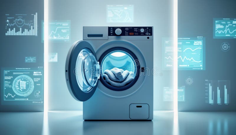 Modern washing machine with open door showing laundry. Holographic data visualizations surround appliance. Futuristic tech. Smart vector illustration