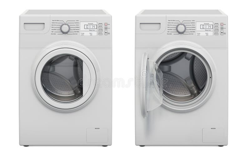 Modern Washing Machine with Opened Door and Closed Door, Front View. 3D