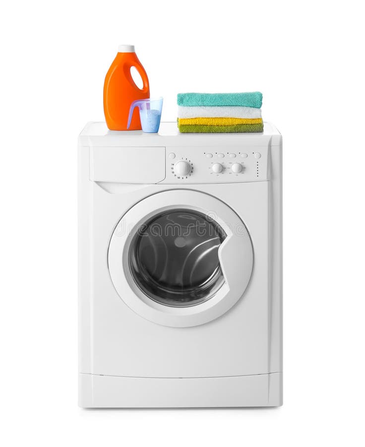 Modern Washing Machine, Stack of Towels and Detergents on White