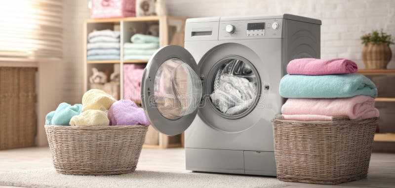 The modern washing machine surrounded by neatly organized towels and baskets. image royalty free stock images.
