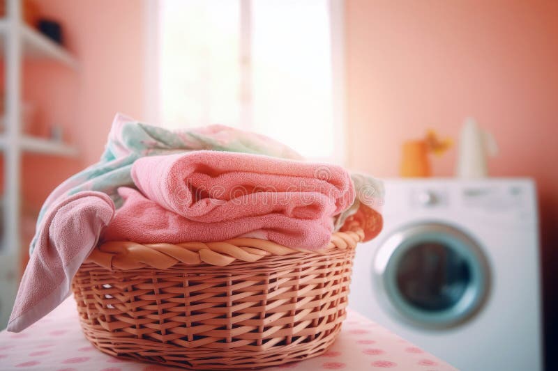 A modern washing machine beside a wicker laundry basket in a laundry room stock illustration