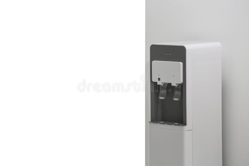 Modern water cooler near white wall indoors stock photos
