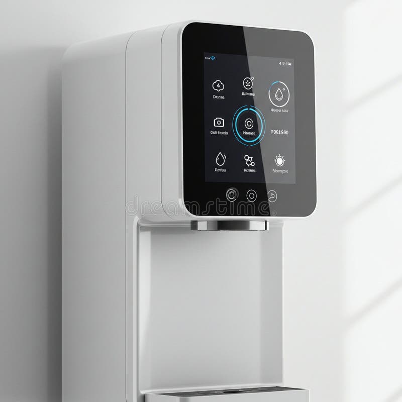 A modern water dispenser features a sleek, white design with a black touchscreen royalty free illustration