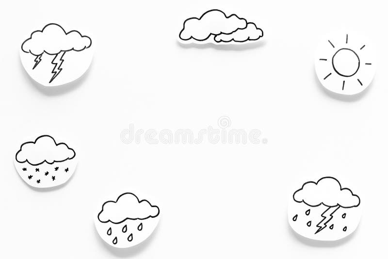 Modern weather icons set on white background top view copy space stock images Modern weather icons set on white background top view copy space stock images