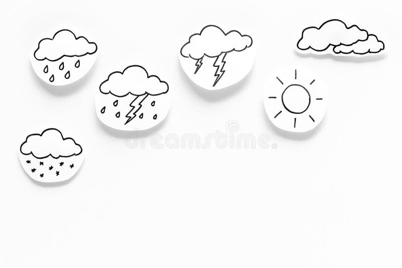 Modern weather icons set on white background top view copy space stock photos Modern weather icons set on white background top view copy space stock photos