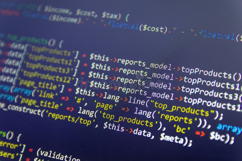 Modern Web Development Background. Abstract Pieces of PHP Code Stock